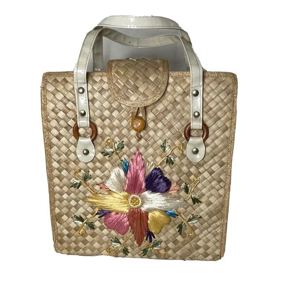 Vintage Handmade in Philippines Woven Straw Bag Pink Yellow Purple Flowers - Picture 1 of 12